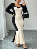 Women Plus Size Color Block Long Sleeve Sweetheart Neck Elegant Mermaid Maxi Bodycon Dress