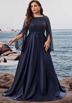 Women Plus Size Round Neck Sequin See Through Cape Sleeve Formal Party Evening Dress Women Plus Size Round Neck Sequin See Through Cape Sleeve Formal Party Evening Dress