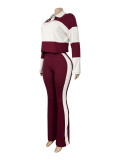 Women Color Block Patchwork Polo Turndown Collar Long Sleeve Top and Striped Bell Bottom Pant Two Piece Set