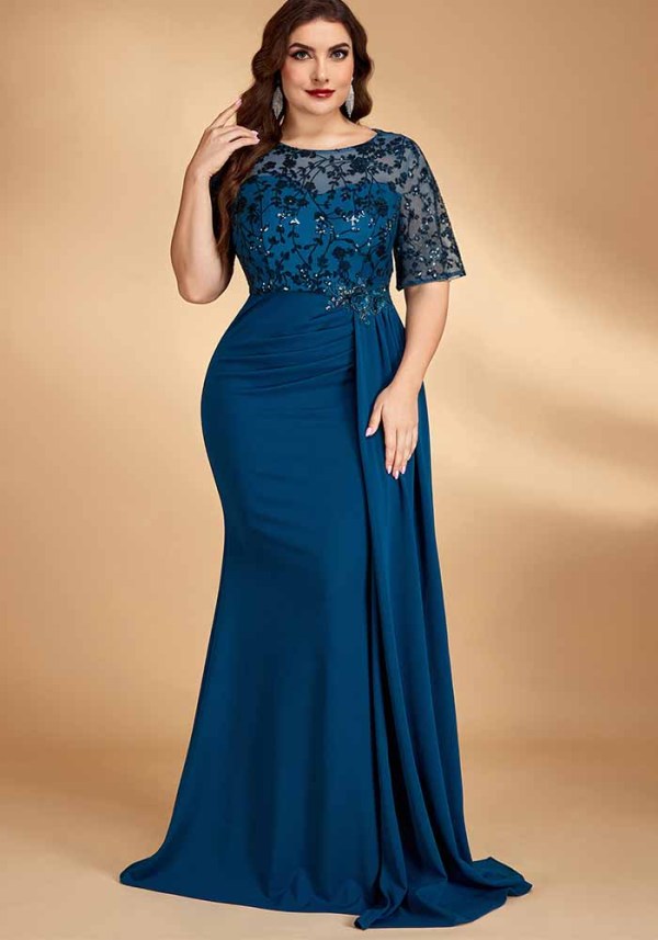 Women Plus Size Round Neck Sequin Embroidered See Through Mesh Maxi Formal Party Evening Dress