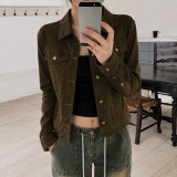 Women Fall Winter American Style Brown Long Sleeve Denim Jacket Top