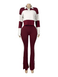 Women Color Block Patchwork Polo Turndown Collar Long Sleeve Top and Striped Bell Bottom Pant Two Piece Set