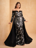 Plus Size Women's Long Sleeve Sequin Formal Party Mermaid Evening Dress