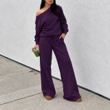 Women Fall Winter Long Sleeve Slash Shoulder Top and Wide Leg Pant Two Piece Set