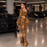 Women’s Printed Lace-Up Open Waist Long Sleeve Top Bell Bottom Pants Set