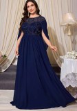 Women Plus Size Round Neck Beaded Embroidered Cape Sleeve Maxi Formal Party Evening Dress
