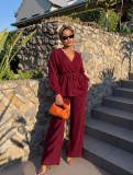 Fall Women’s V Neck Tie Front Knit Cardigan and High Waist Wide Leg Pants Two-Piece Set