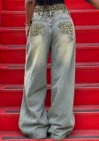Women Double Waist Leopard Patchwork Irregular Panel Denim Pants
