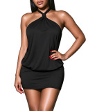 Women’s Sexy Solid Color Slim Fit Open Back Lace-Up Halter Neck Bodycon Dress