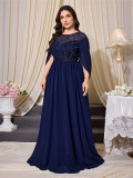 Women Plus Size Round Neck Beaded Embroidered Cape Sleeve Maxi Formal Party Evening Dress