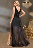 Women V Neck Sleeveless Sequin Top Patchwork Pleated Slit Maxi Formal Party Evening Dress