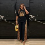 Women Leopard Beaded Top and Leopard Wide Leg Pant Casual Two Piece Set