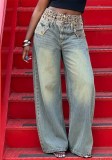 Women Double Waist Leopard Patchwork Irregular Panel Denim Pants