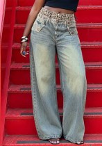 Women Double Waist Leopard Patchwork Irregular Panel Denim Pants Women Double Waist Leopard Patchwork Irregular Panel Denim Pants