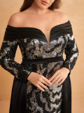 Plus Size Women's Long Sleeve Sequin Formal Party Mermaid Evening Dress