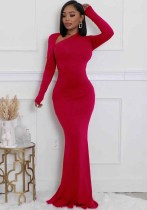 Women Solid Long Sleeve Slash Shoulder Mermaid Bodycon Dress