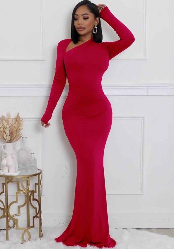 Women Solid Long Sleeve Slash Shoulder Mermaid Bodycon Dress