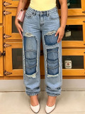 Women Tiered Ripped Patch Denim Pants