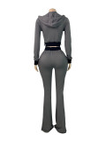 Women Casual Color Block Patchwork Hooded Top and Bell Bottom Pant Two Piece Set