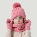 Autumn Winter Single Pom Pom Hat Scarf Glove Three-Piece Set