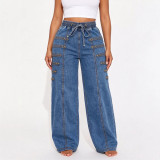 Women American Style Rivet Wide Leg Denim Pants