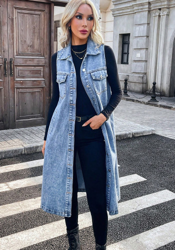 Women Turndown Collar Sleeveless Denim Vest