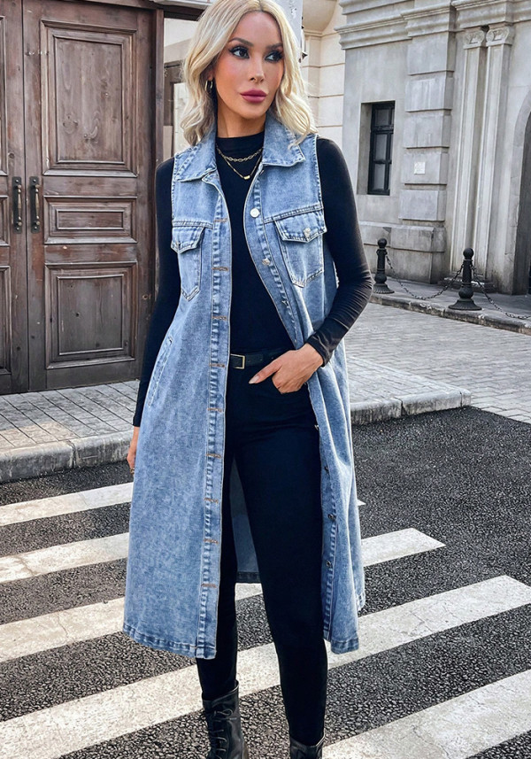 Women Turndown Collar Sleeveless Denim Vest