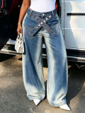Women Asymmetric Cross Belt Embroidered Pocket Denim Pants