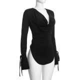 Fall Women’s Sexy Deep V Neck Cowl Neck Lace-Up Long Sleeve Top and Pants Set