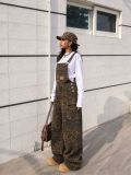 Women Leopard Multi Pocket Cargo Denim Overalls