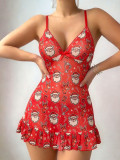 Women Halloween Sexy Home Printed Strap Nightgown Two Piece Set