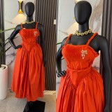 Women Fall Elegant Solid Pleated Strap Dress