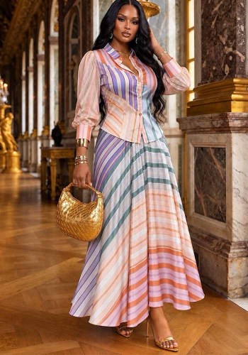 Women Fall Printed Long Sleeve Blouse Top and Skirt Two Piece Set