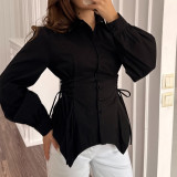 Women Spring Tie Solid Long Sleeve Blouse Top