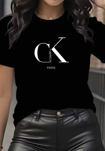 Women Summer Round Neck Letter Print Short Sleeve T-Shirt Top