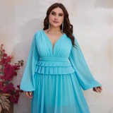 Plus Size Women's Summer Chiffon V Neck Long Sleeve Dress