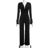 Fall Women’s Sexy Deep V Neck Cowl Neck Lace-Up Long Sleeve Top and Pants Set