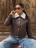 Women Brown Faux Shearling Turndown Collar PU Leather Jacket