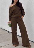 Women Fall Winter Long Sleeve Slash Shoulder Top and Wide Leg Pant Two Piece Set