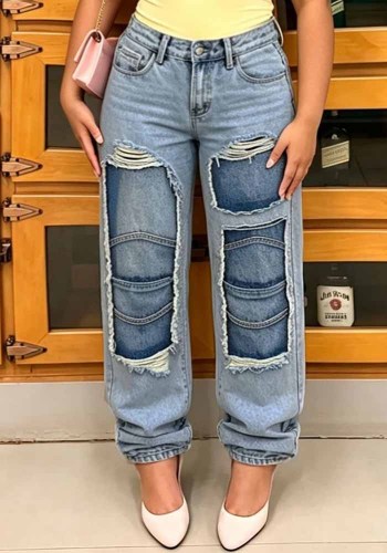 Women Tiered Ripped Patch Denim Pants