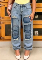 Women Tiered Ripped Patch Denim Pants Women Tiered Ripped Patch Denim Pants