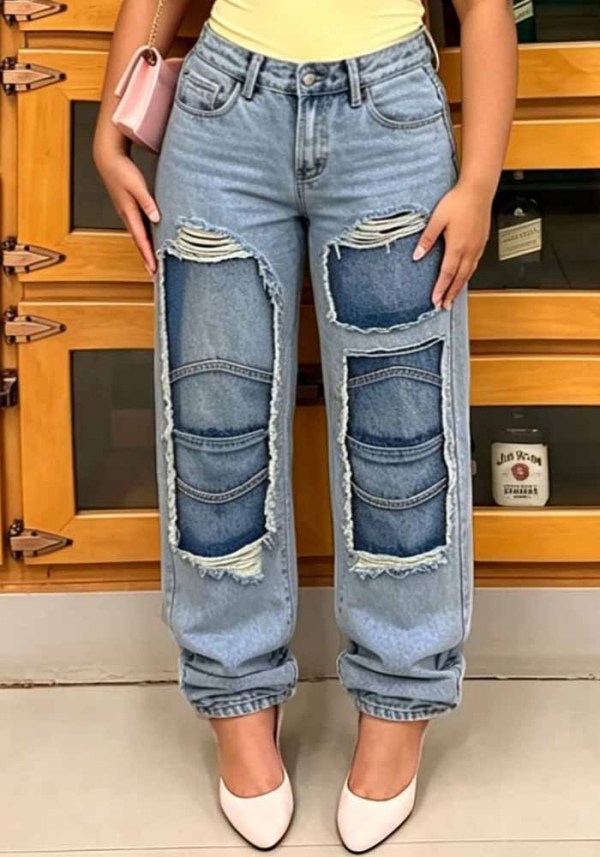 Women Tiered Ripped Patch Denim Pants