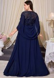 Women Plus Size Round Neck Beaded Embroidered Cape Sleeve Maxi Formal Party Evening Dress