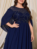 Women Plus Size Round Neck Beaded Embroidered Cape Sleeve Maxi Formal Party Evening Dress