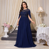 Women Plus Size Round Neck Beaded Embroidered Cape Sleeve Maxi Formal Party Evening Dress