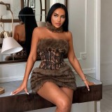 Fall Winter Women’s Faux Fur Patchwork Strapless Leopard Print Dress