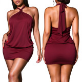 Women’s Sexy Solid Color Slim Fit Open Back Lace-Up Halter Neck Bodycon Dress