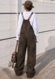 Women Leopard Multi Pocket Cargo Denim Overalls