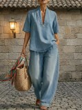 Summer Women’s Loose Fit Casual Solid Color Denim Two-Piece Pants Set