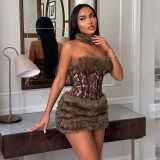 Fall Winter Women’s Faux Fur Patchwork Strapless Leopard Print Dress